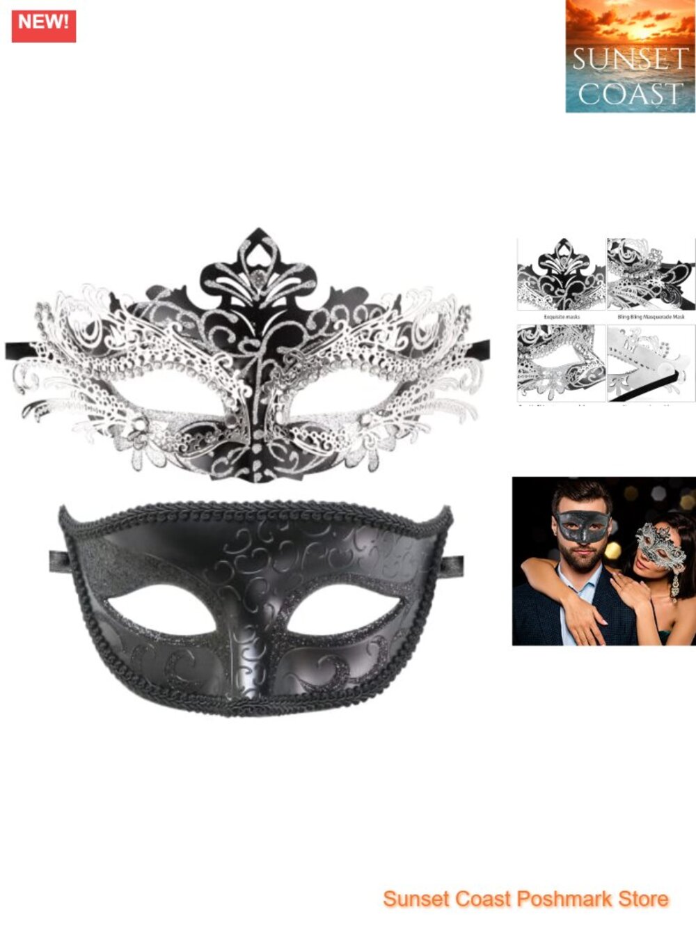 Couple Masquerade Mask Set Venetian Mardi Gras Lace Rhinestone Costume Accessory